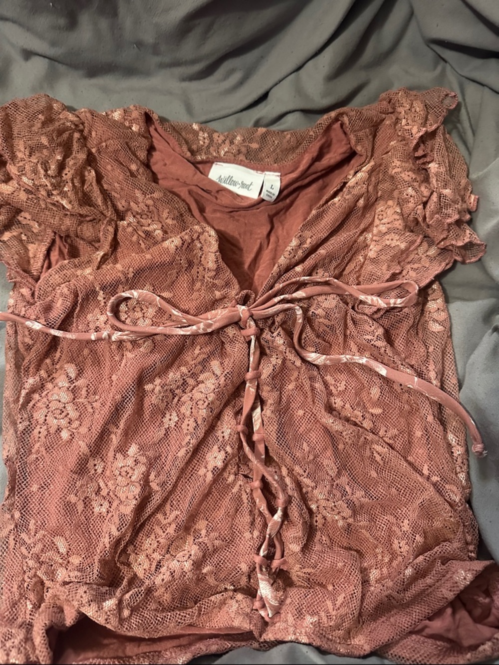 Dusty Rose Lace Tie-Front Blouse